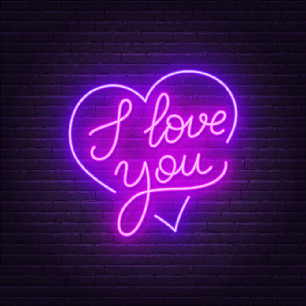 I love you neon lettering . Heart sign. Vector illustration on dark background.